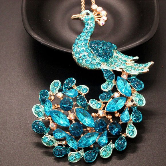 Jewelry - Sparkly "PROUD" Statement BLUE PEACOCK Rhinestone Statement Pendant Necklace